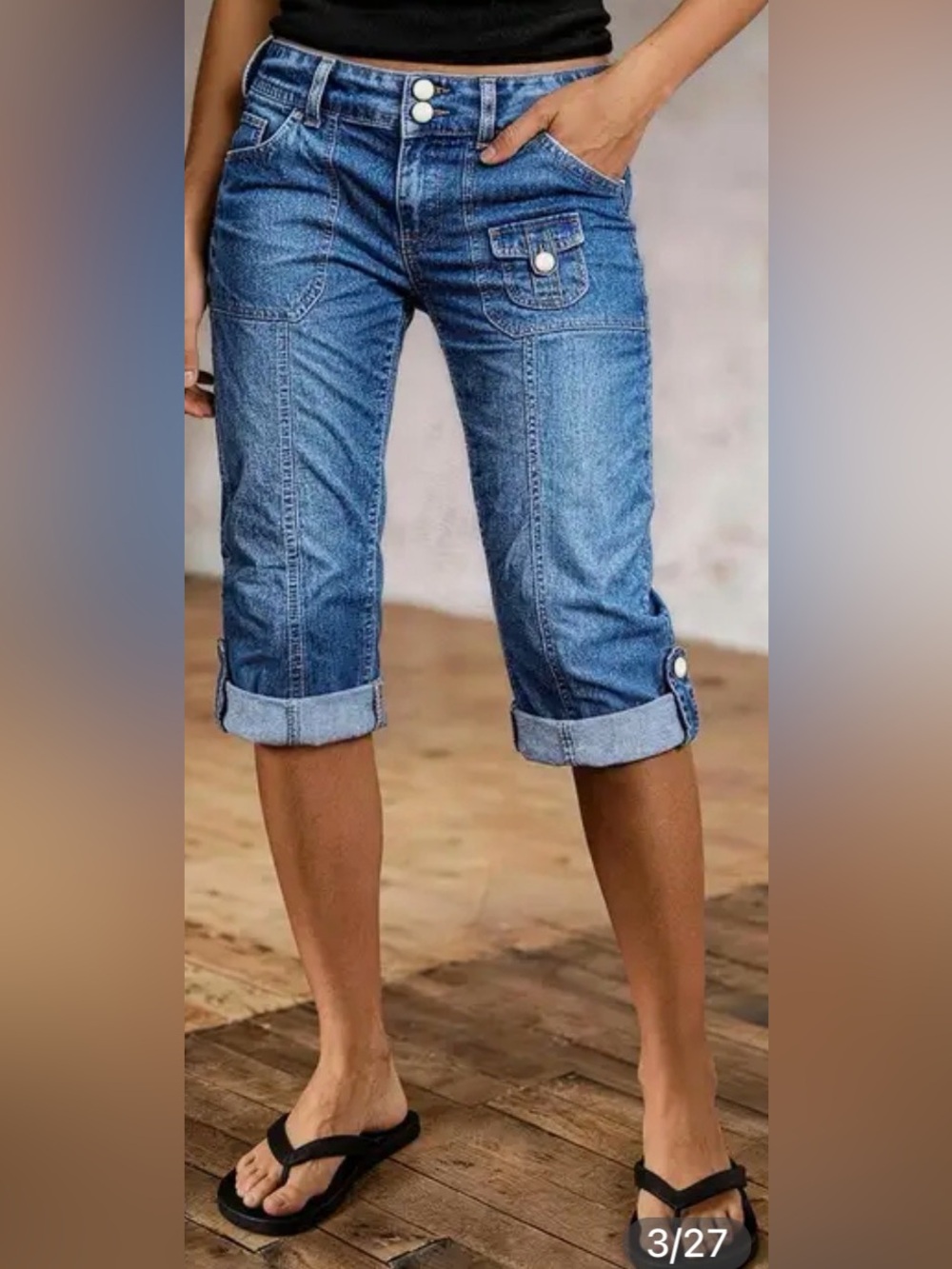 Flamingals Seam Front Roll Hem Patch Pocket Mid Rise Straight Leg Capri Jeans